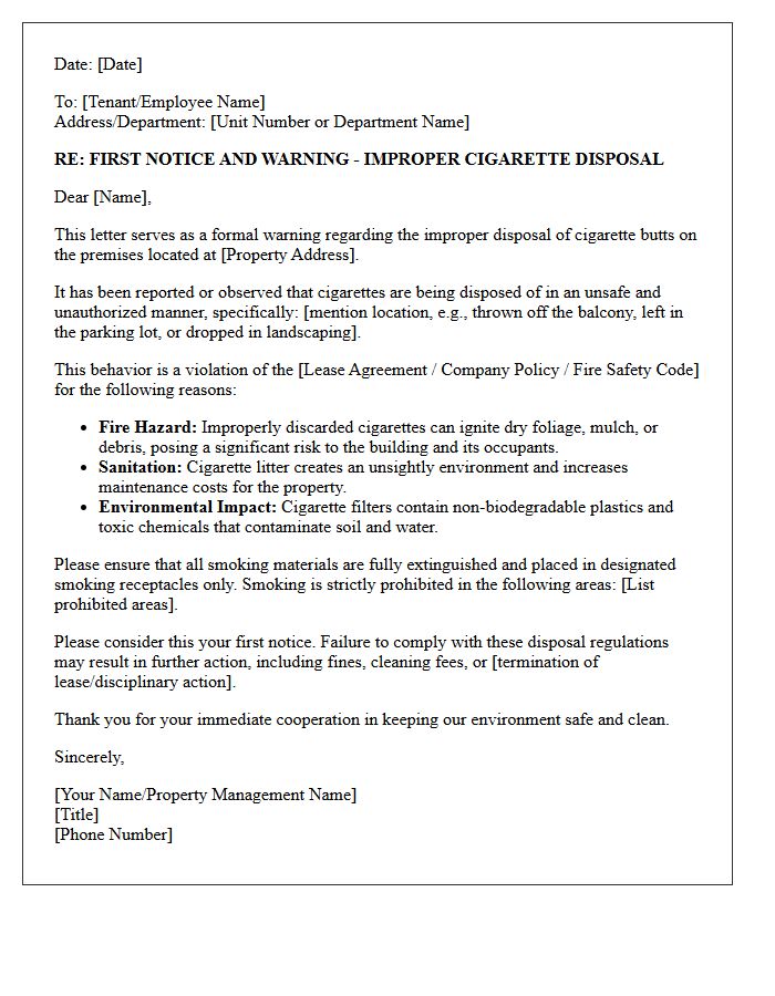 First Notice and Warning Letter for Improper Cigarette Disposal