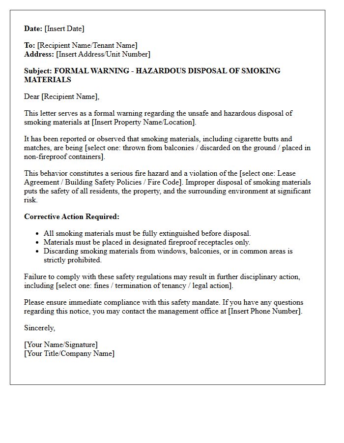 Formal Warning Letter for Hazardous Disposal of Smoking Materials