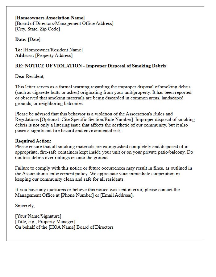 HOA Warning Letter Regarding Improper Disposal of Smoking Debris