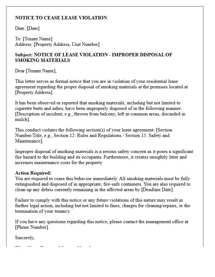 Lease Violation Letter for Improper Disposal of Smoking Materials