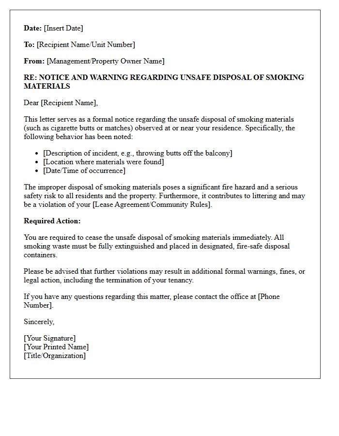 Notice and Warning Letter for Unsafe Smoking Material Disposal
