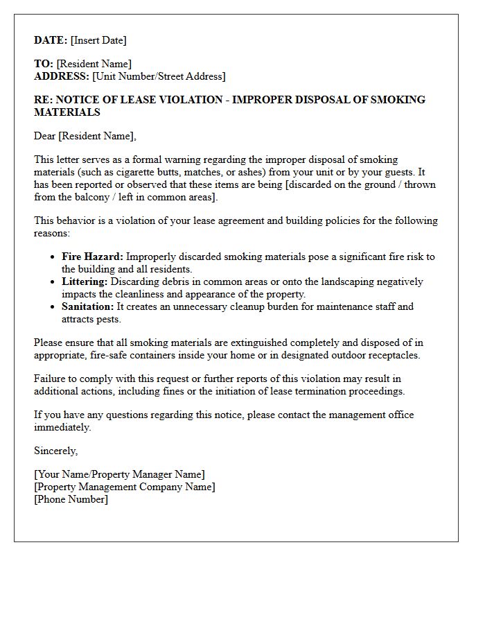 Resident Warning Letter for Improper Disposal of Smoking Materials