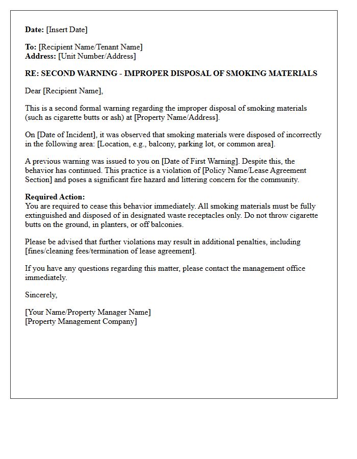 Second Warning Letter for Improper Disposal of Smoking Materials