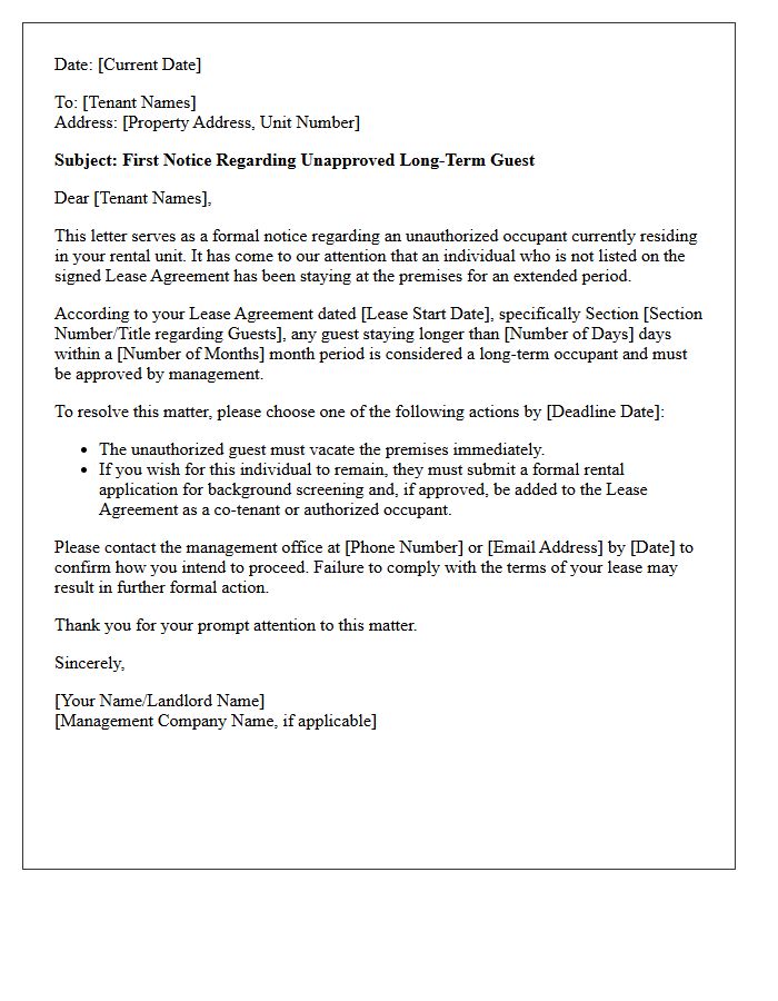 First Notice Letter Regarding Unapproved Long-Term Guests