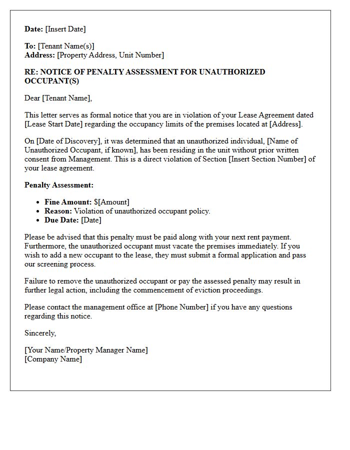 Letter of Penalty Assessment for Unauthorized Occupants
