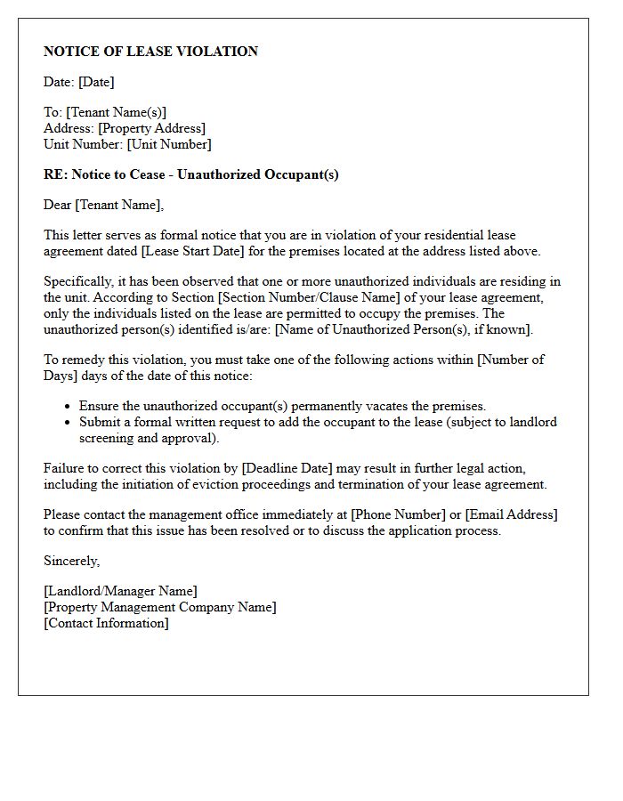 Notice of Lease Violation Letter for Unauthorized Occupants