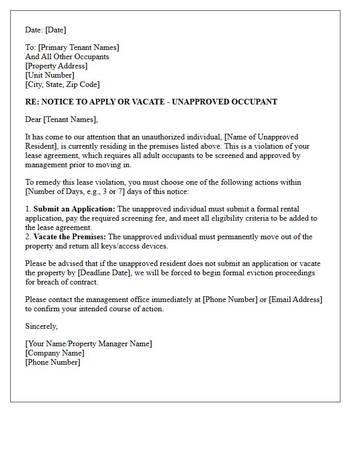 Notice to Apply or Vacate Letter for Unapproved Residents