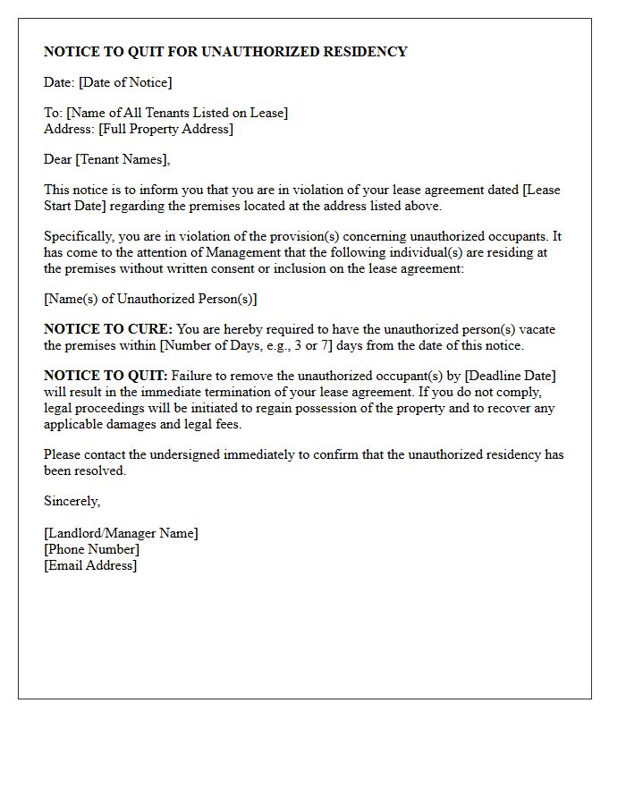 Notice to Quit Letter for Unauthorized Residency