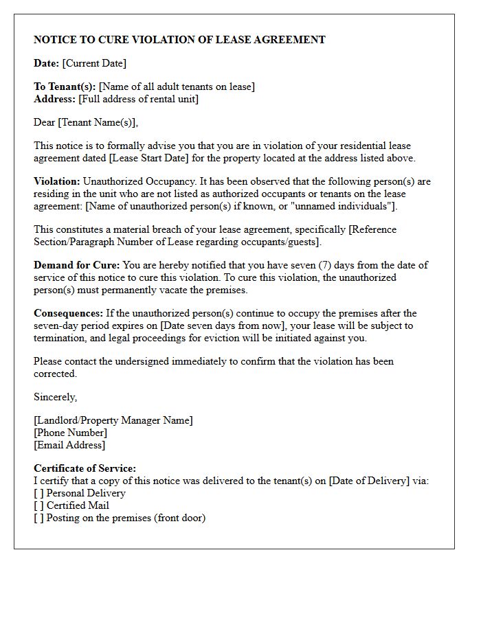 Seven-Day Cure Letter for Unauthorized Occupancy