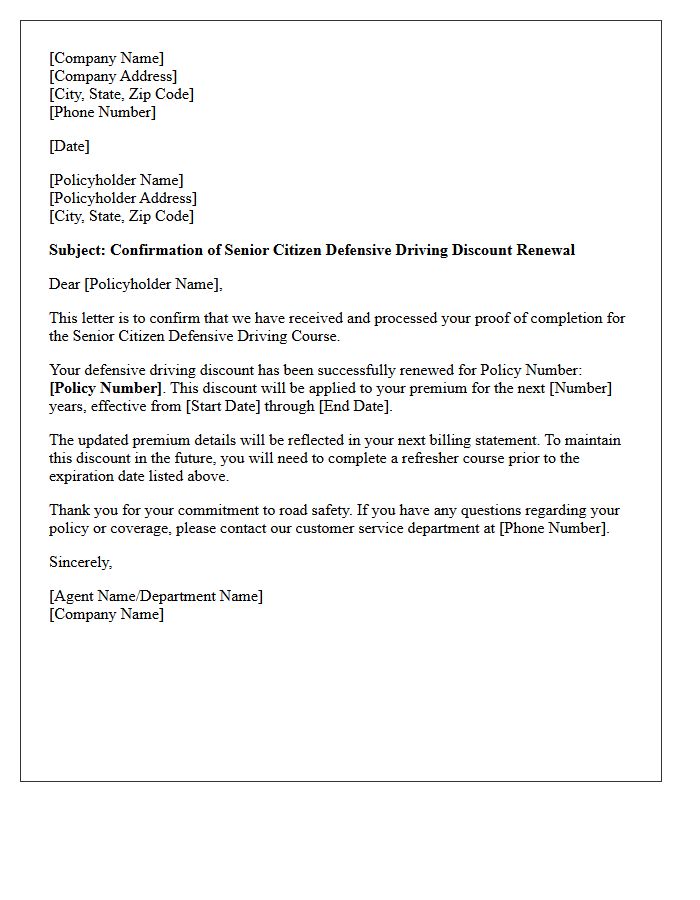 Confirmation Of Senior Citizen Defensive Driving Discount Renewal Letter