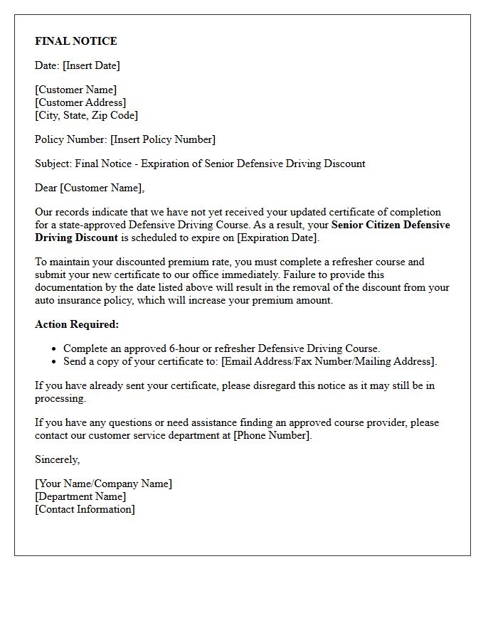 Final Notice For Senior Citizen Defensive Driving Discount Renewal Letter