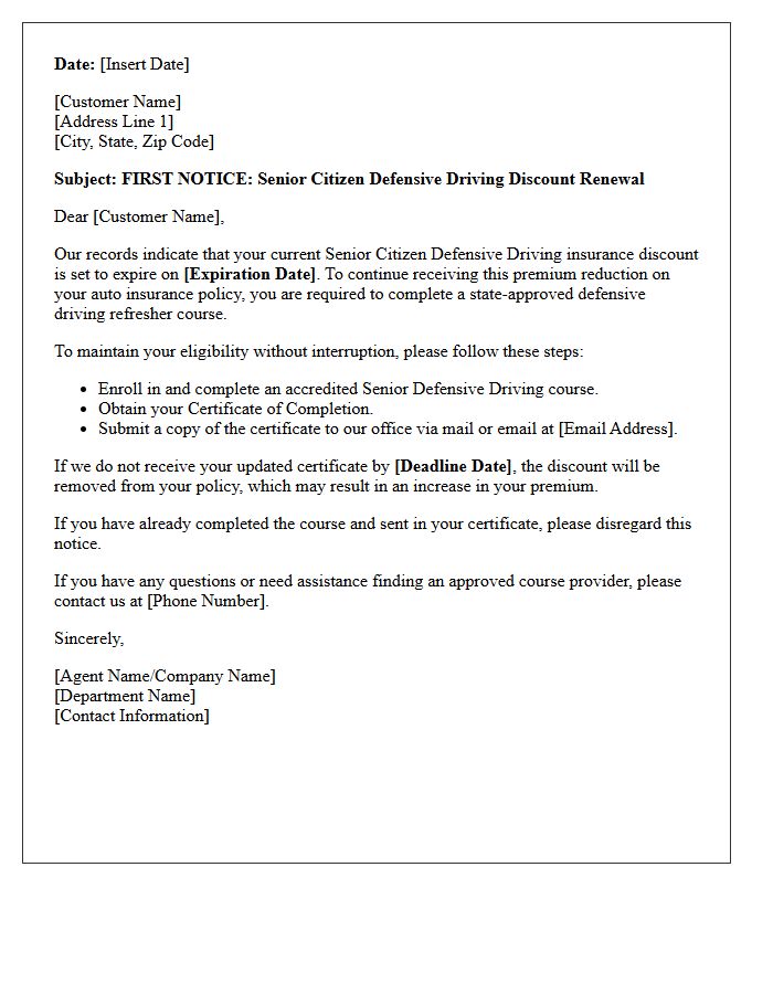 First Notice Of Senior Citizen Defensive Driving Discount Renewal Letter