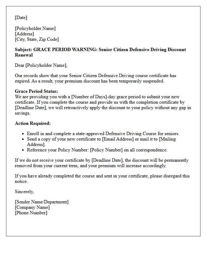 Grace Period Warning For Senior Citizen Defensive Driving Discount Renewal Letter