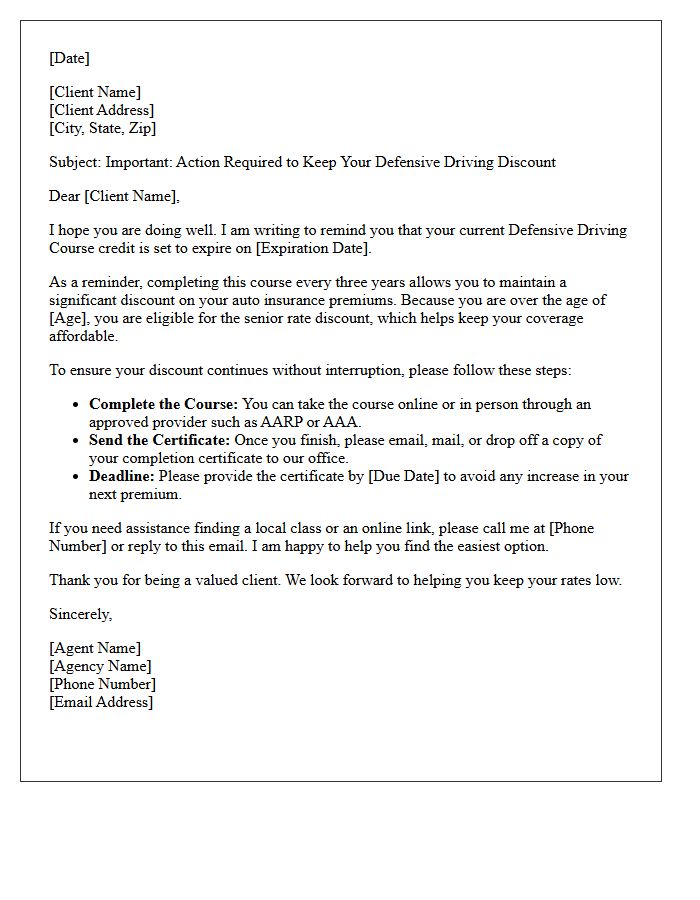 Insurance Agent Follow-Up Senior Citizen Defensive Driving Discount Renewal Letter
