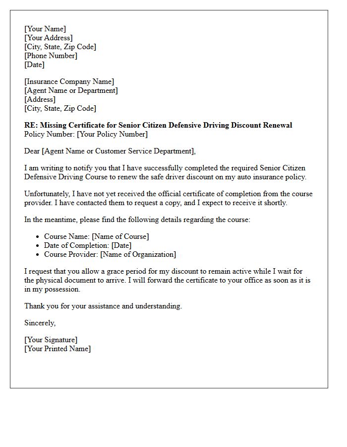 Missing Certificate For Senior Citizen Defensive Driving Discount Renewal Letter