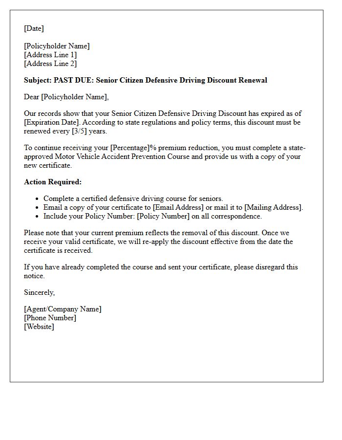Past Due Senior Citizen Defensive Driving Discount Renewal Letter