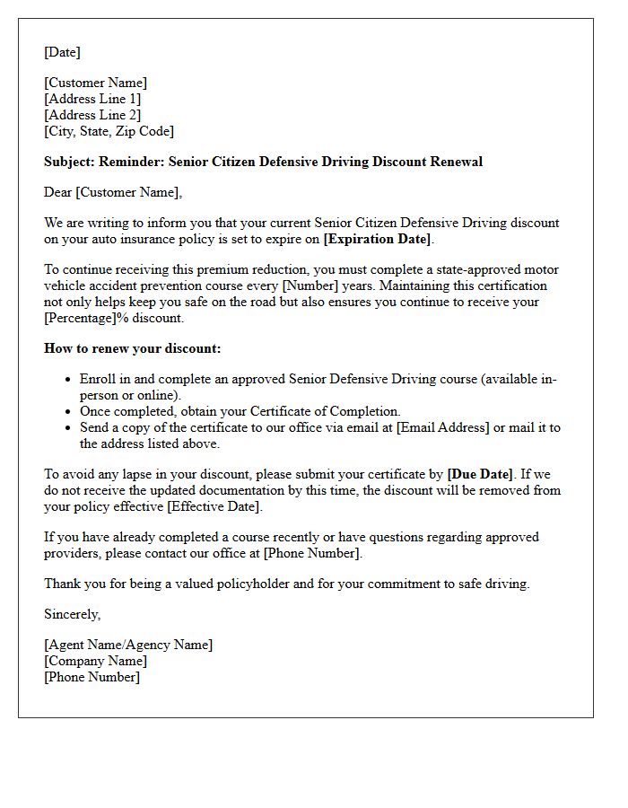 Standard Senior Citizen Defensive Driving Discount Renewal Reminder Letter