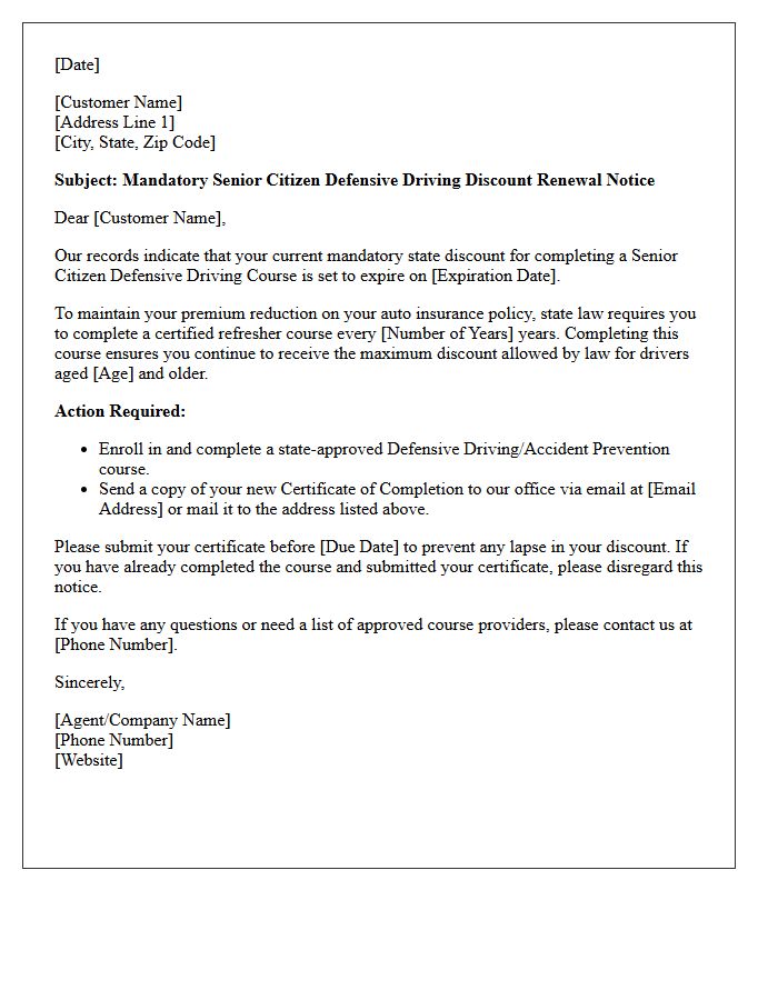 State Mandatory Senior Citizen Defensive Driving Discount Renewal Letter