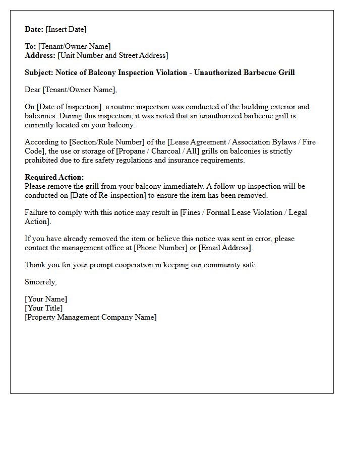 Balcony Inspection Letter Noting Unauthorized Barbecue Grill