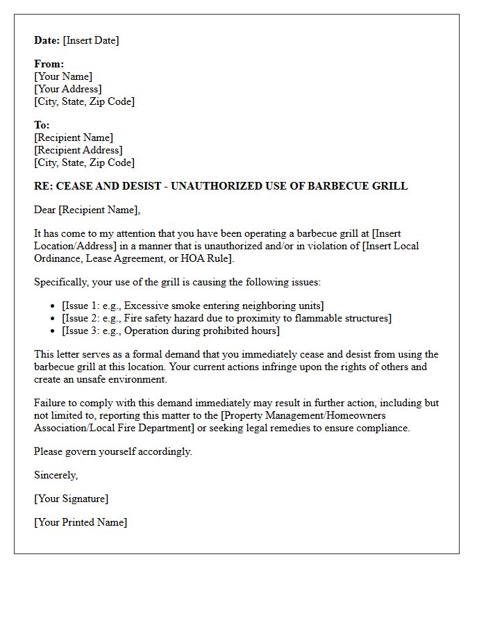 Cease and Desist Letter for Unauthorized Barbecue Grill Use