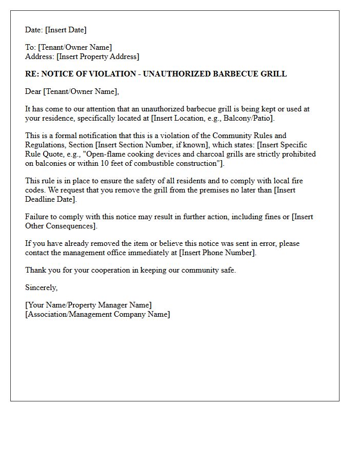 Community Rules Violation Letter for Unauthorized Barbecue Grill