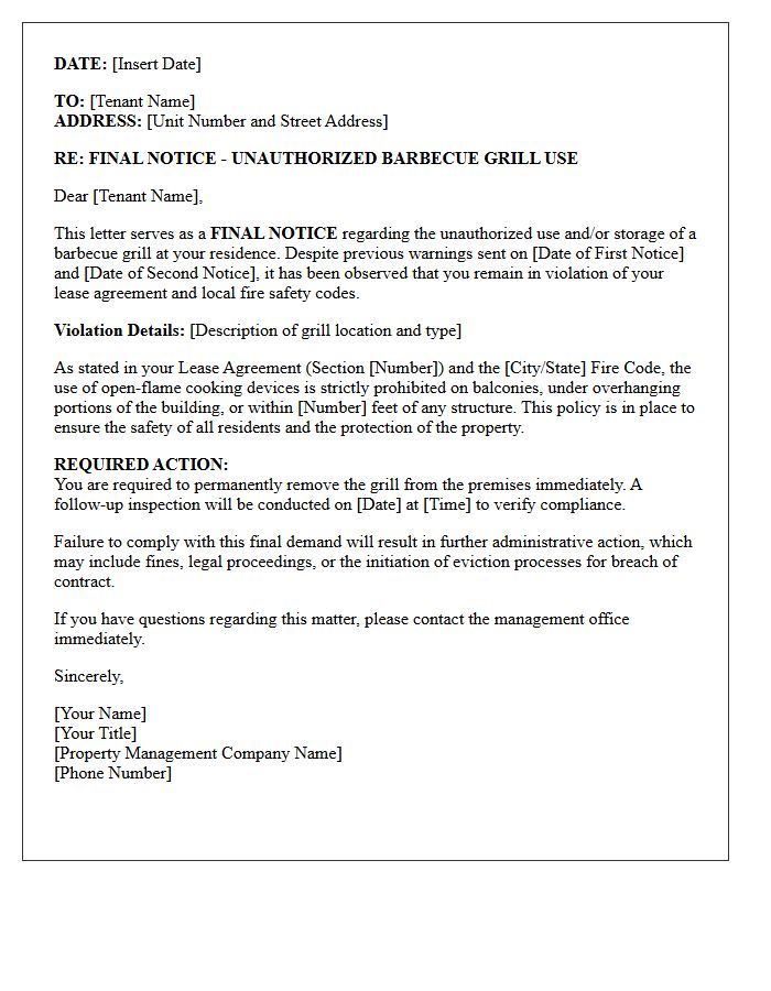 Final Violation Letter for Unauthorized Barbecue Grill Use