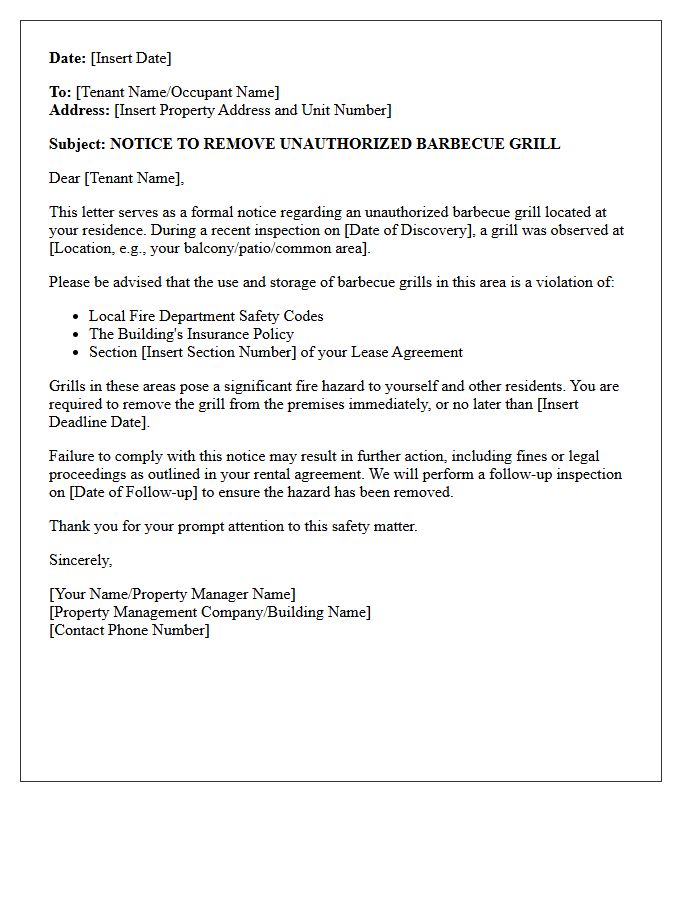Fire Safety Hazard Letter for Unauthorized Barbecue Grill
