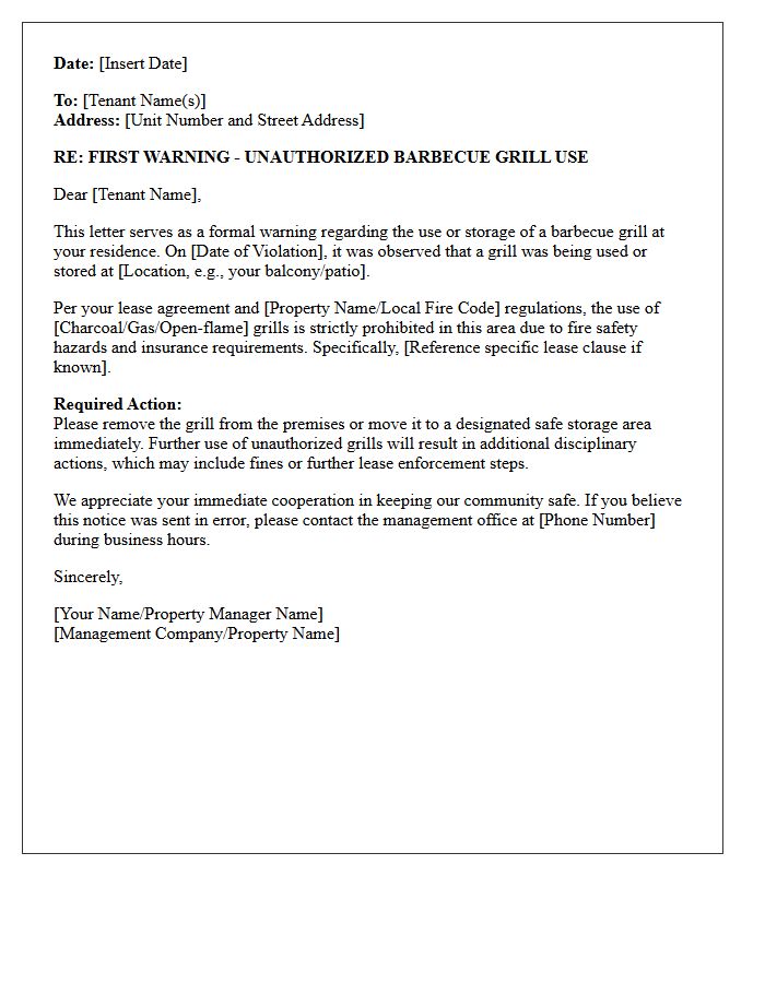 First Warning Letter for Unauthorized Barbecue Grill Use