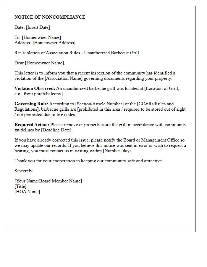 HOA Noncompliance Letter for Unauthorized Barbecue Grill