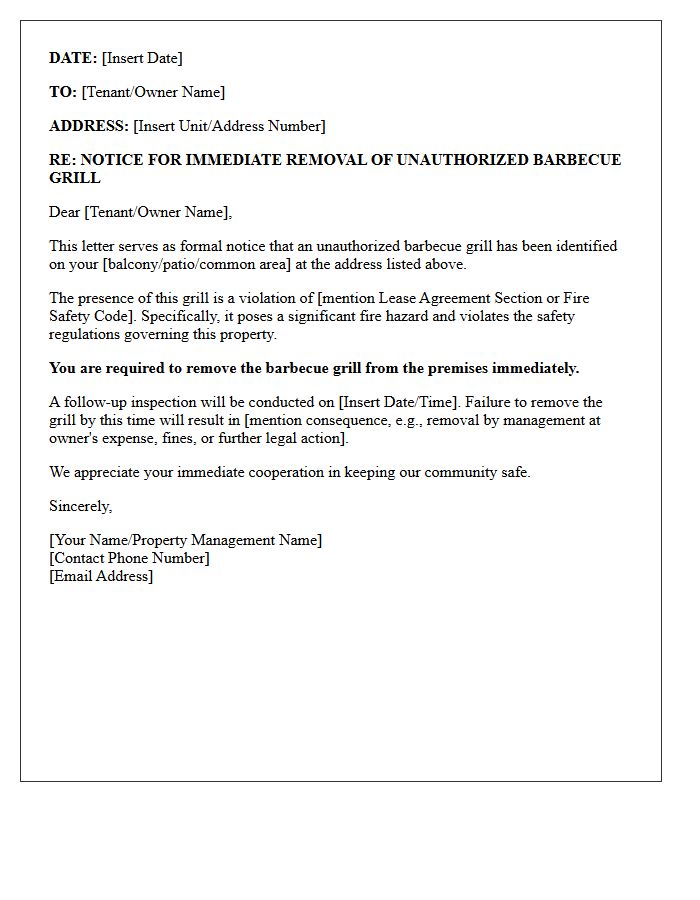 Immediate Removal Letter for Unauthorized Barbecue Grill