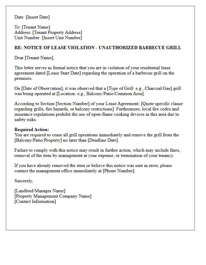 Lease Breach Letter for Unauthorized Barbecue Grill Operation