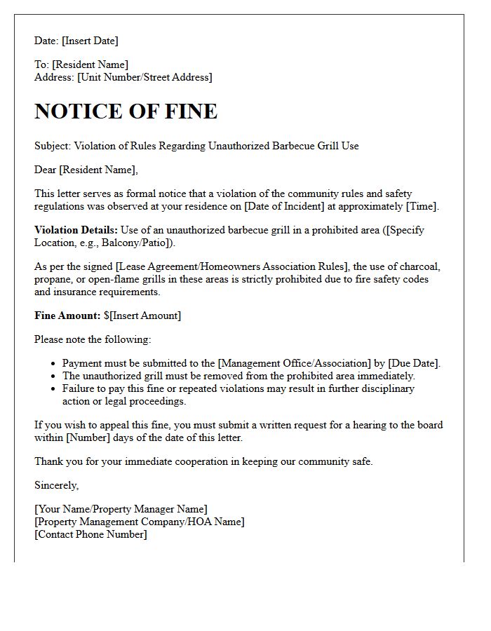 Notice of Fine Letter for Unauthorized Barbecue Grill Use