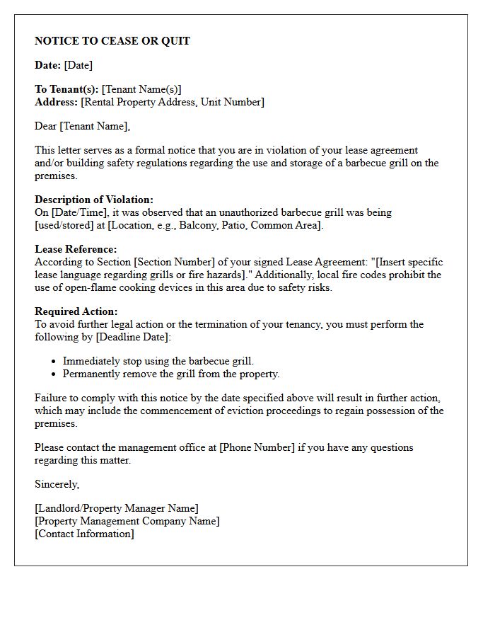Pre-Eviction Notice Letter for Unauthorized Barbecue Grill Use