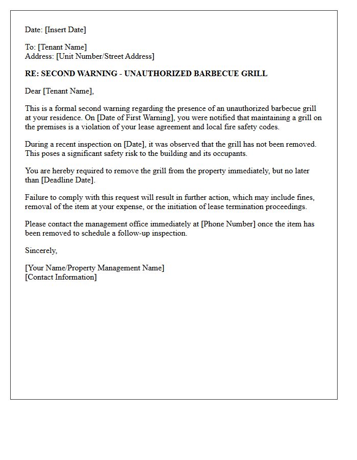 Second Warning Letter Regarding Unauthorized Barbecue Grill