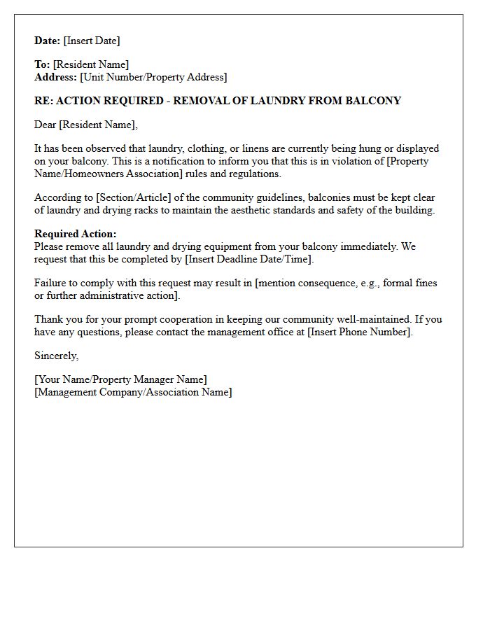 Action Required Letter for Removing Balcony Laundry