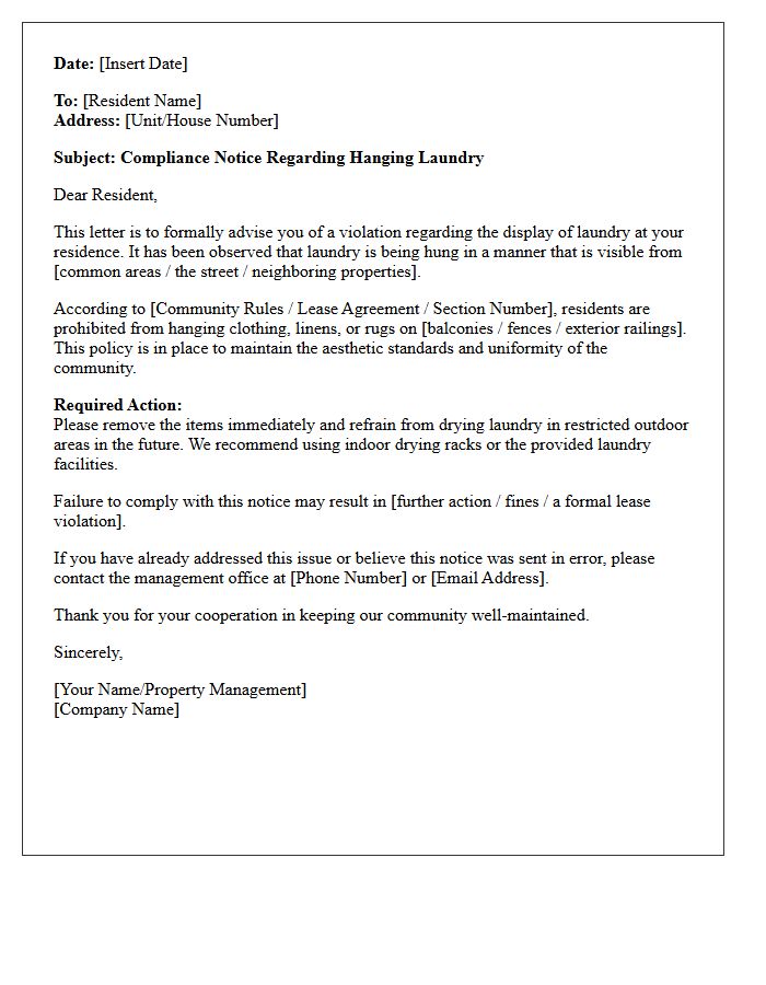 Compliance Notice Letter Regarding Hanging Laundry