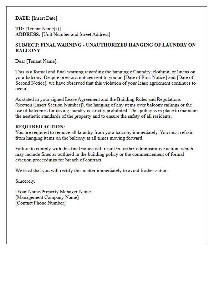 Final Warning Letter for Unauthorized Balcony Laundry