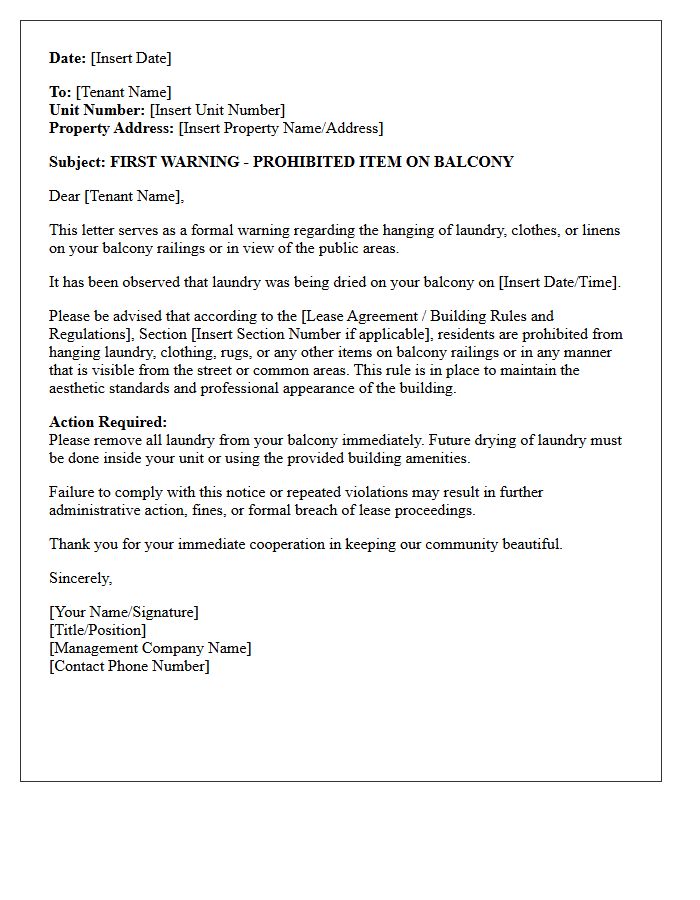 First Warning Letter for Hanging Laundry on Balcony