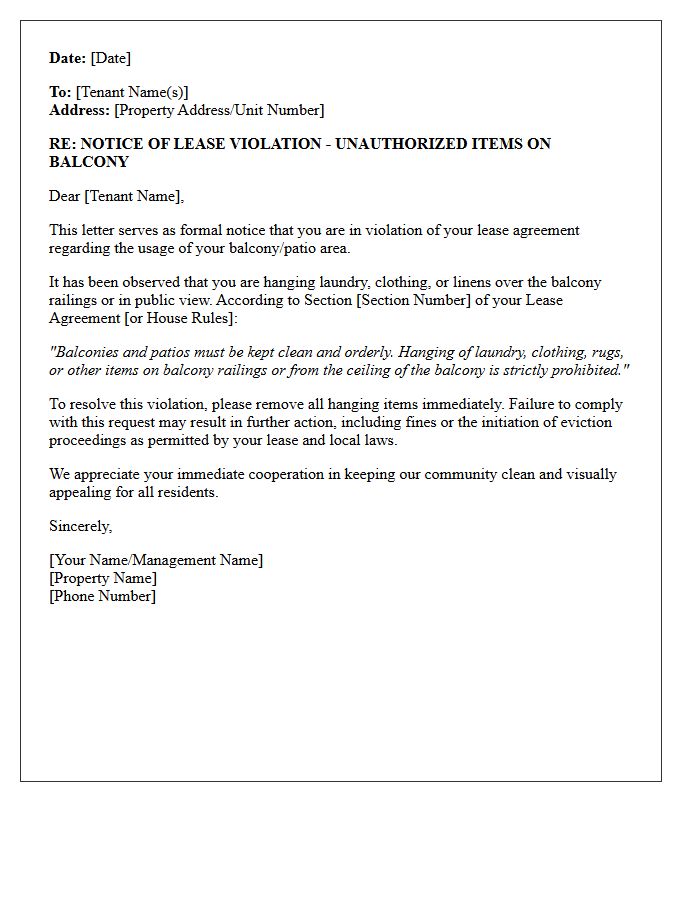 Lease Violation Letter for Hanging Clothes on Balcony