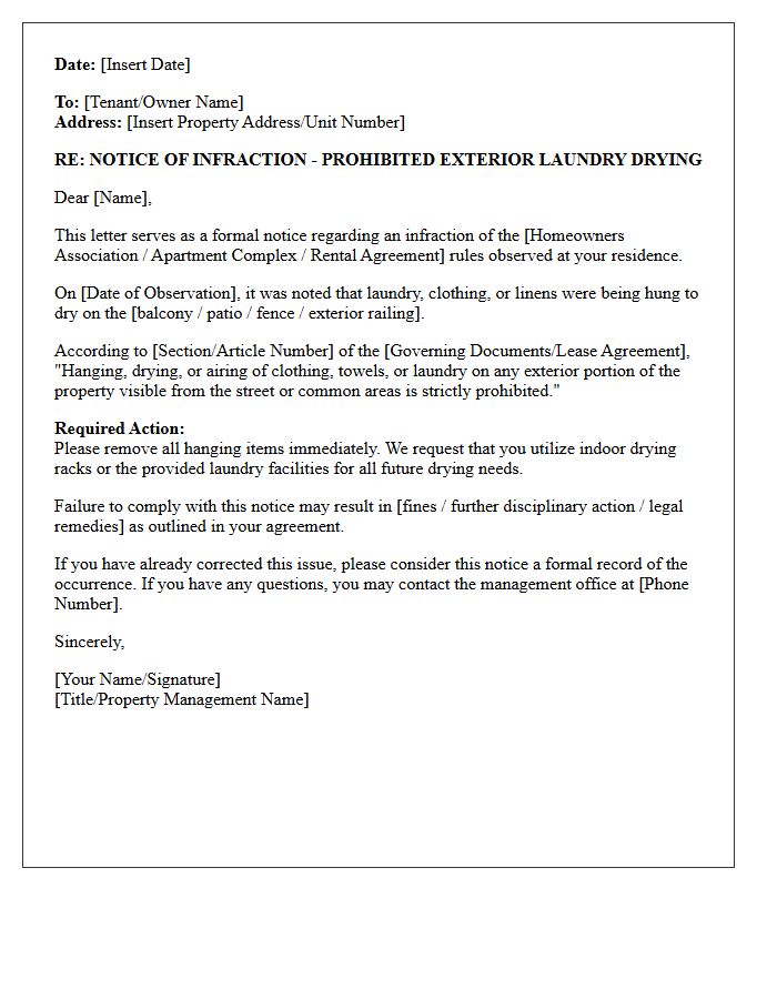 Notice of Infraction Letter for Hanging Laundry Outside