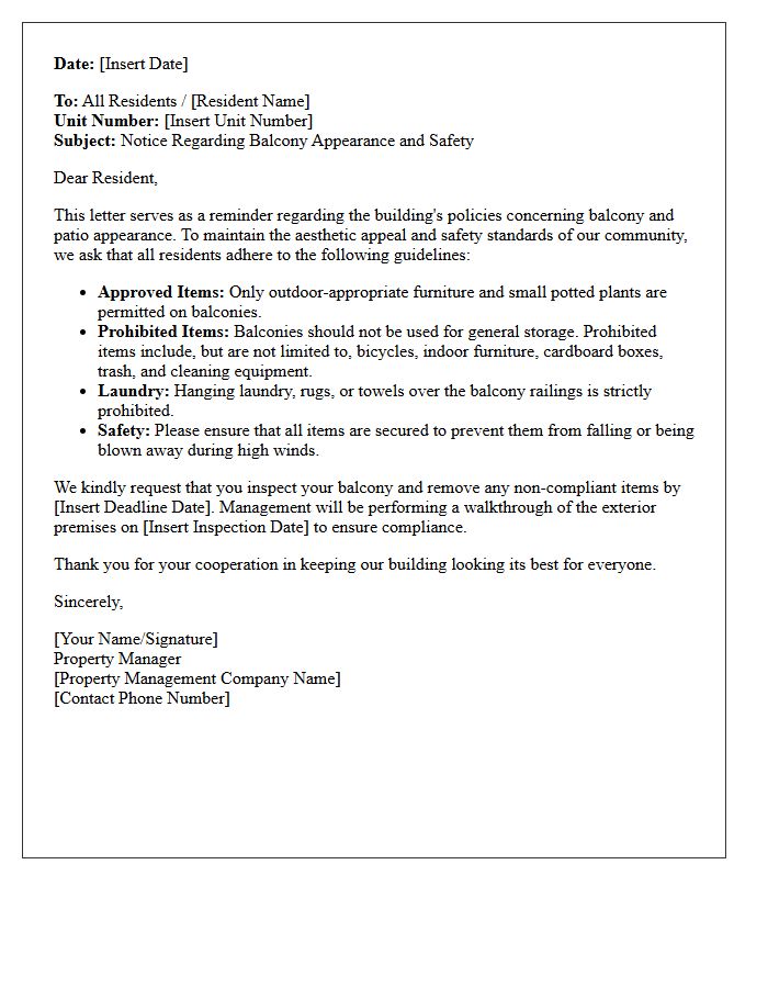 Property Management Letter Regarding Balcony Appearance