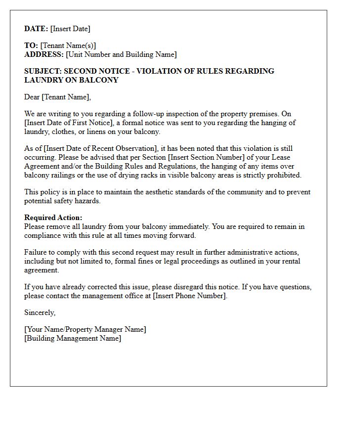 Second Notice Letter Regarding Balcony Laundry Violations