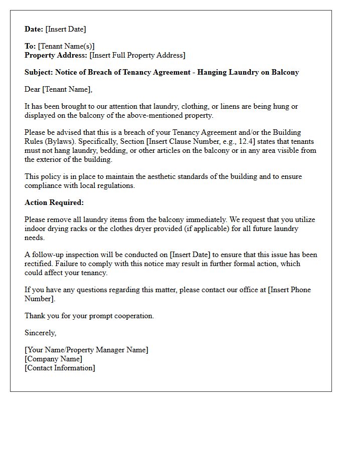 Tenancy Breach Letter for Balcony Laundry Items