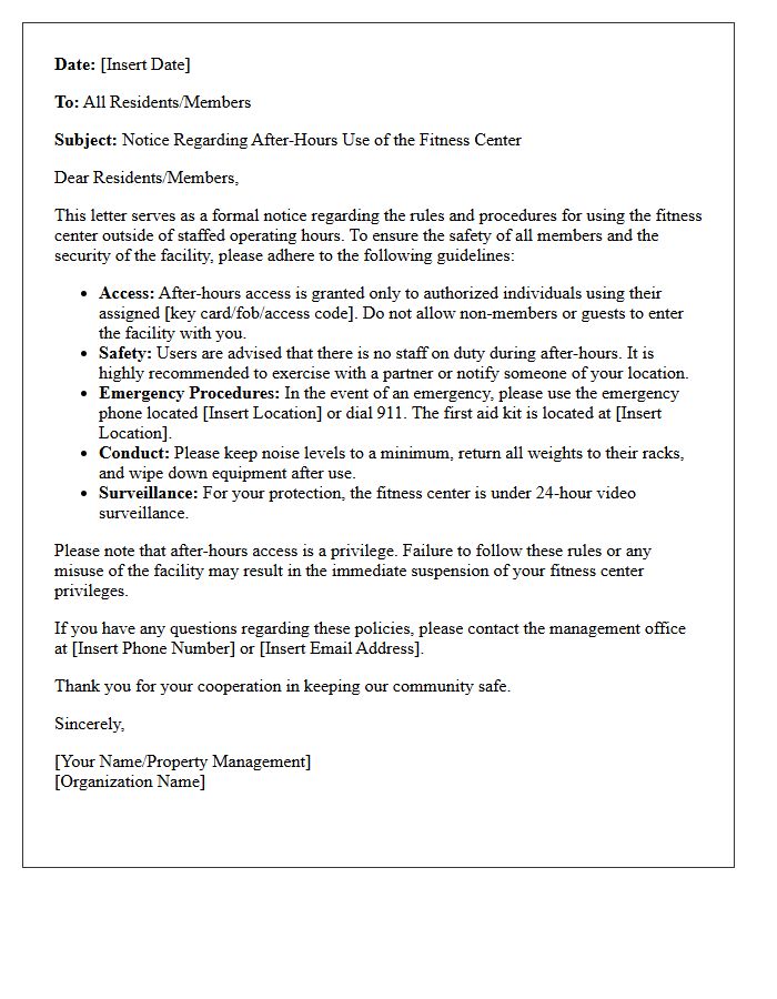 Notice Letter for After-Hours Use of the Fitness Center