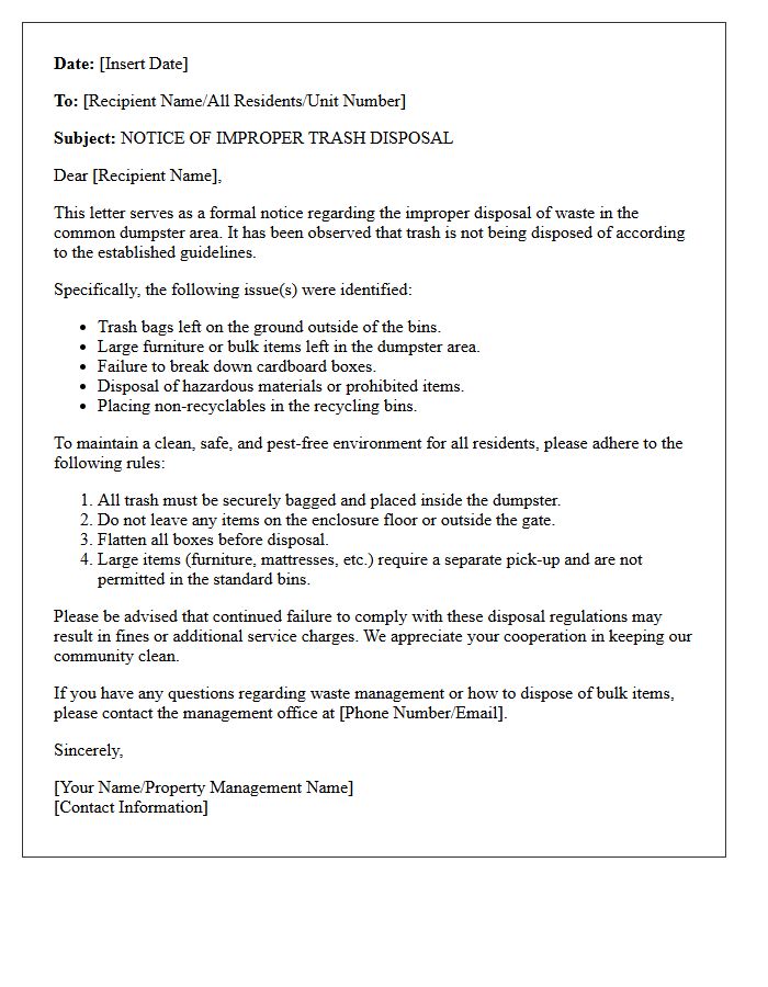 Notice Letter for Improper Disposal of Trash in the Dumpster Area