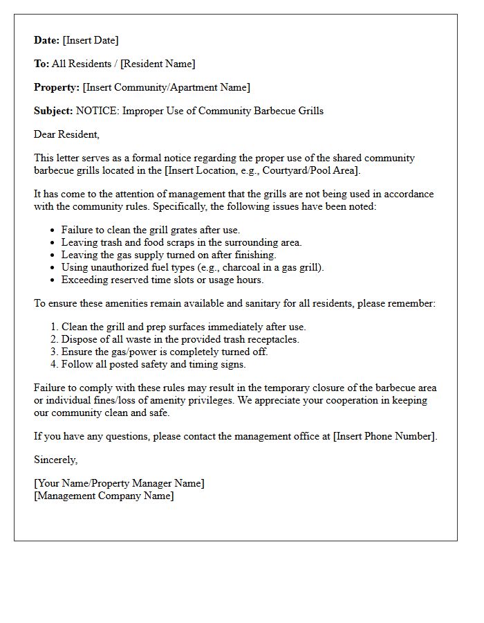 Notice Letter for Improper Use of the Community Barbecue Grills