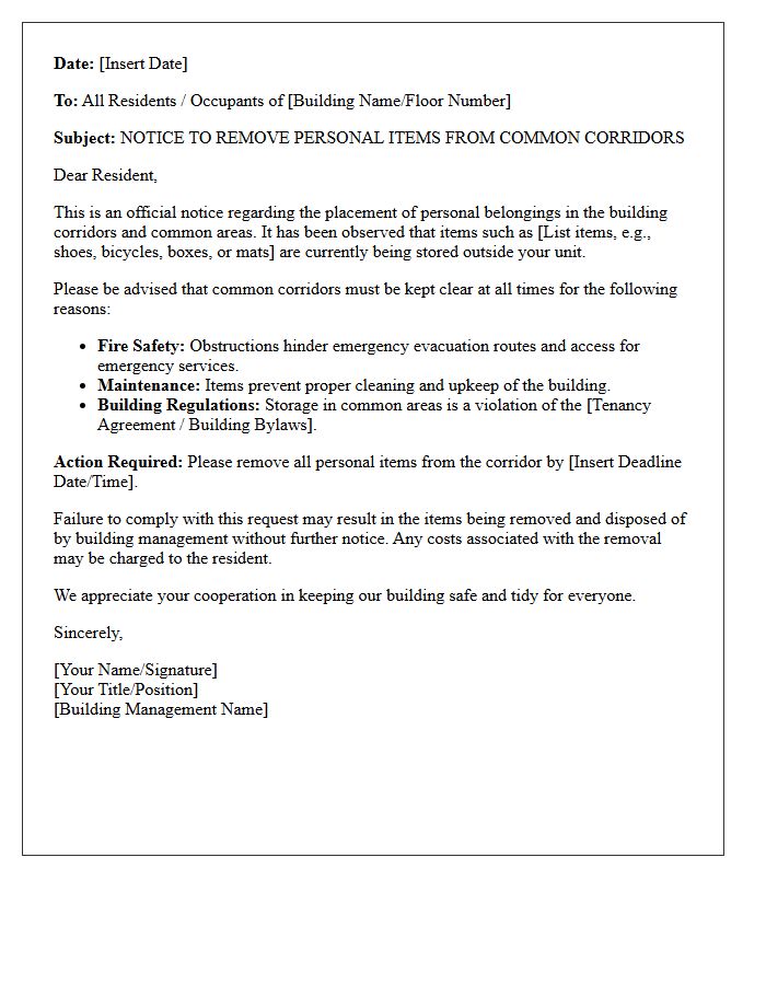 Official Letter for Leaving Personal Items in the Corridors