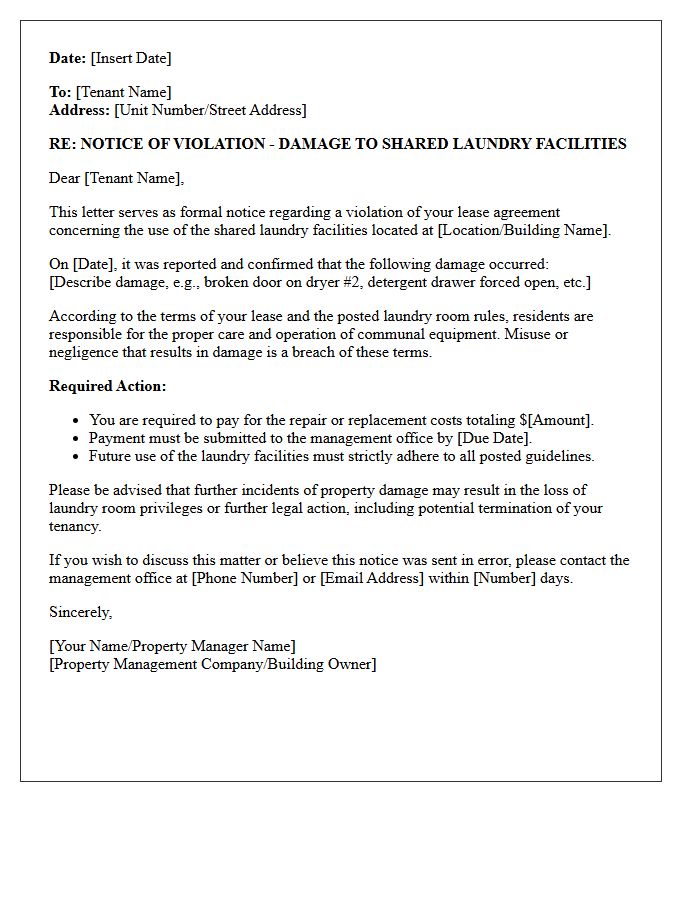 Violation Letter Concerning Damage to the Shared Laundry Facilities