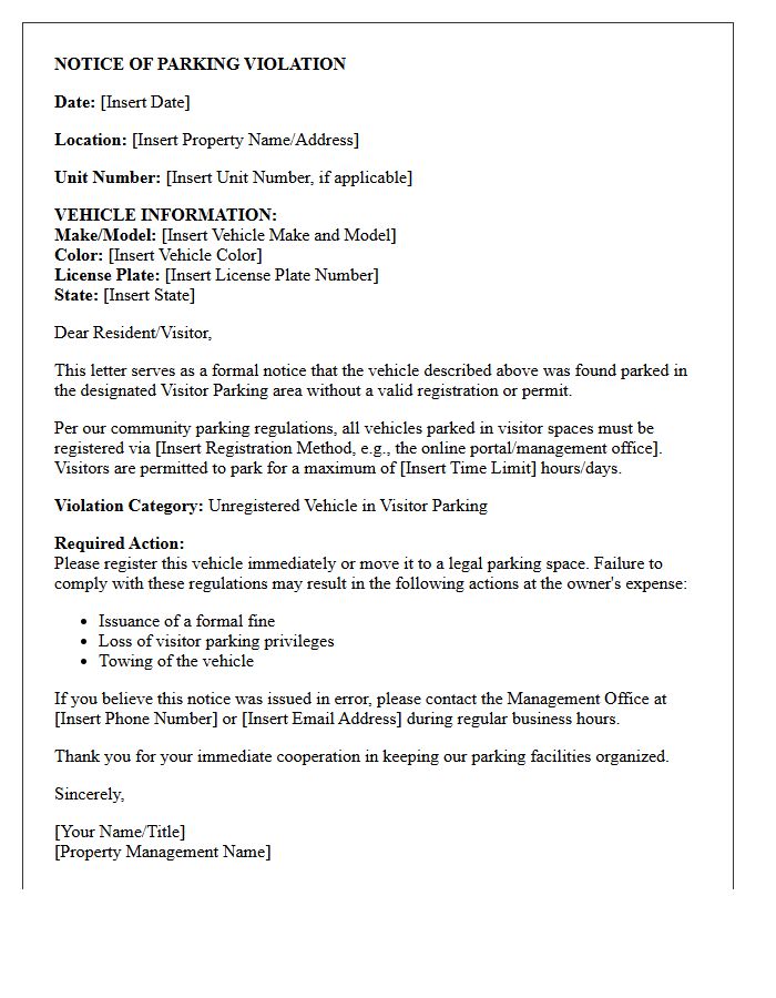 Violation Letter Concerning Unregistered Vehicles in Visitor Parking