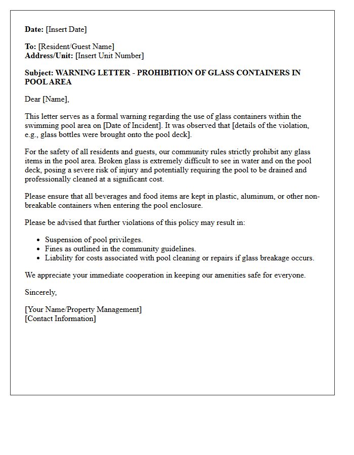 Warning Letter Regarding Glass Containers in the Pool Area